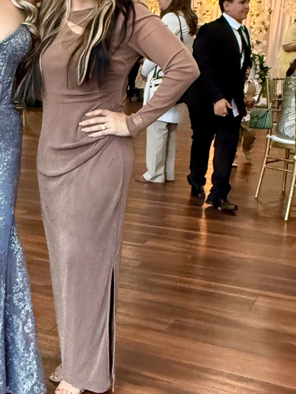 Women's Brown Long Sleeve Ruched long Dress with Keyhole Detail